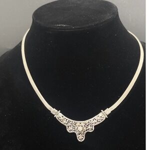 Sterling Silver 925 Filigree Moonstone Mesh Chain Collar Necklace Vtg Art Deco